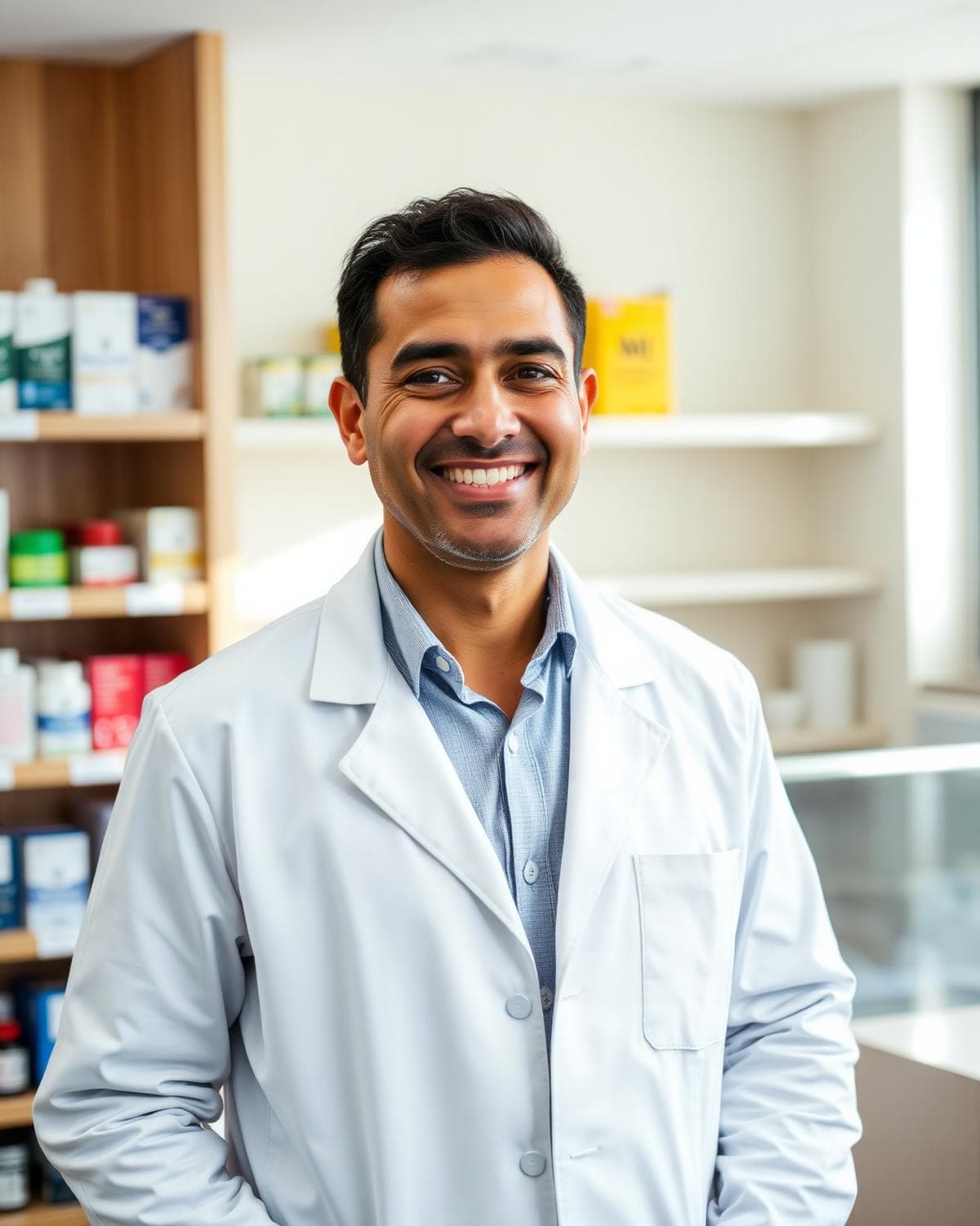 Imran Patel, superintendent pharmacist at Bargoed Pharmacy, smiling behind the counter